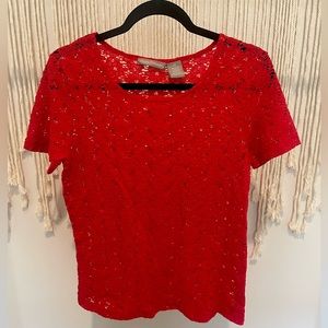 Allyson Whitmore Red Flower Lace Sheer Blouse Sz M